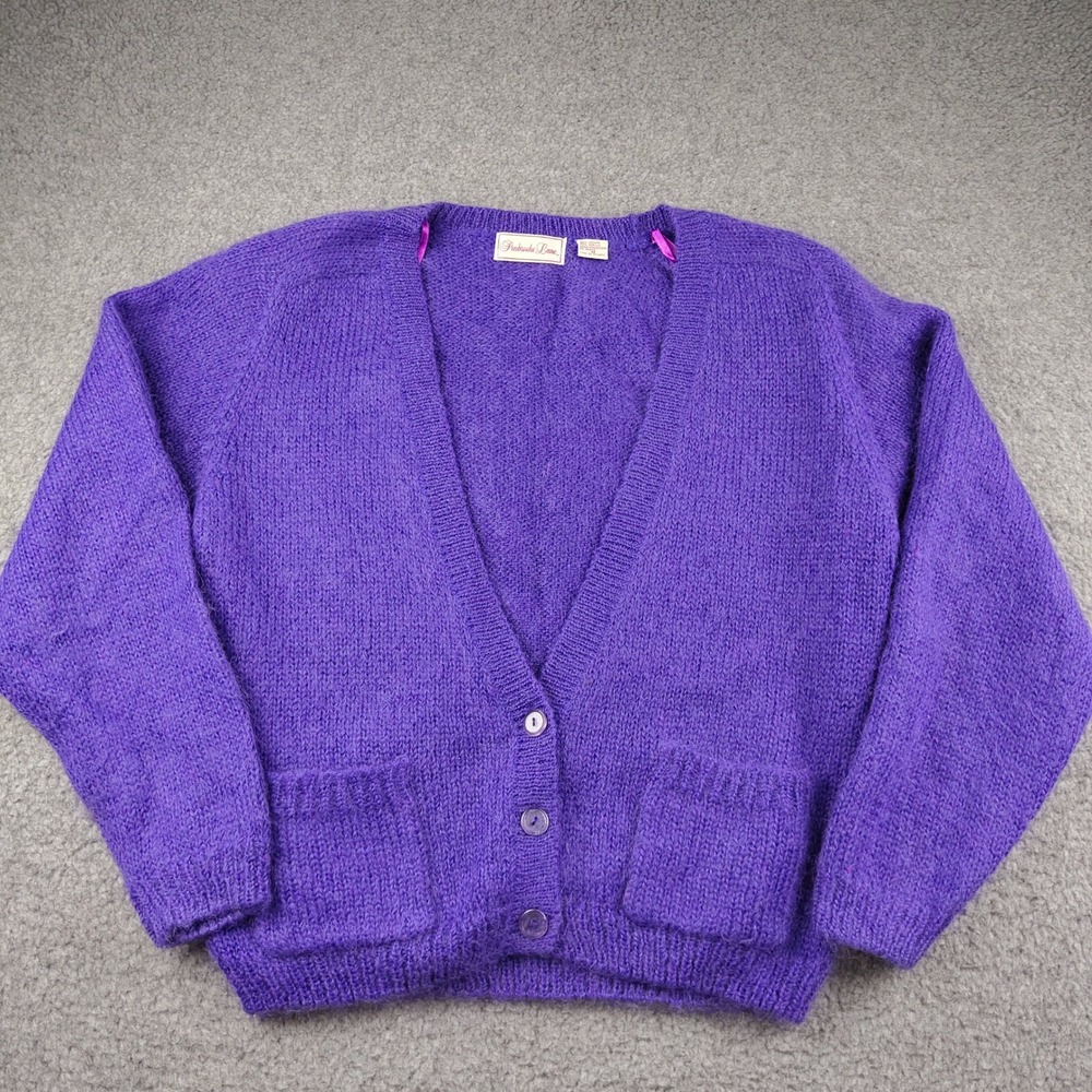 VTG Penbrooke Lane 50% Mohair Blend Cardigan Sz Medium V-Neck Purple Pockets EUC